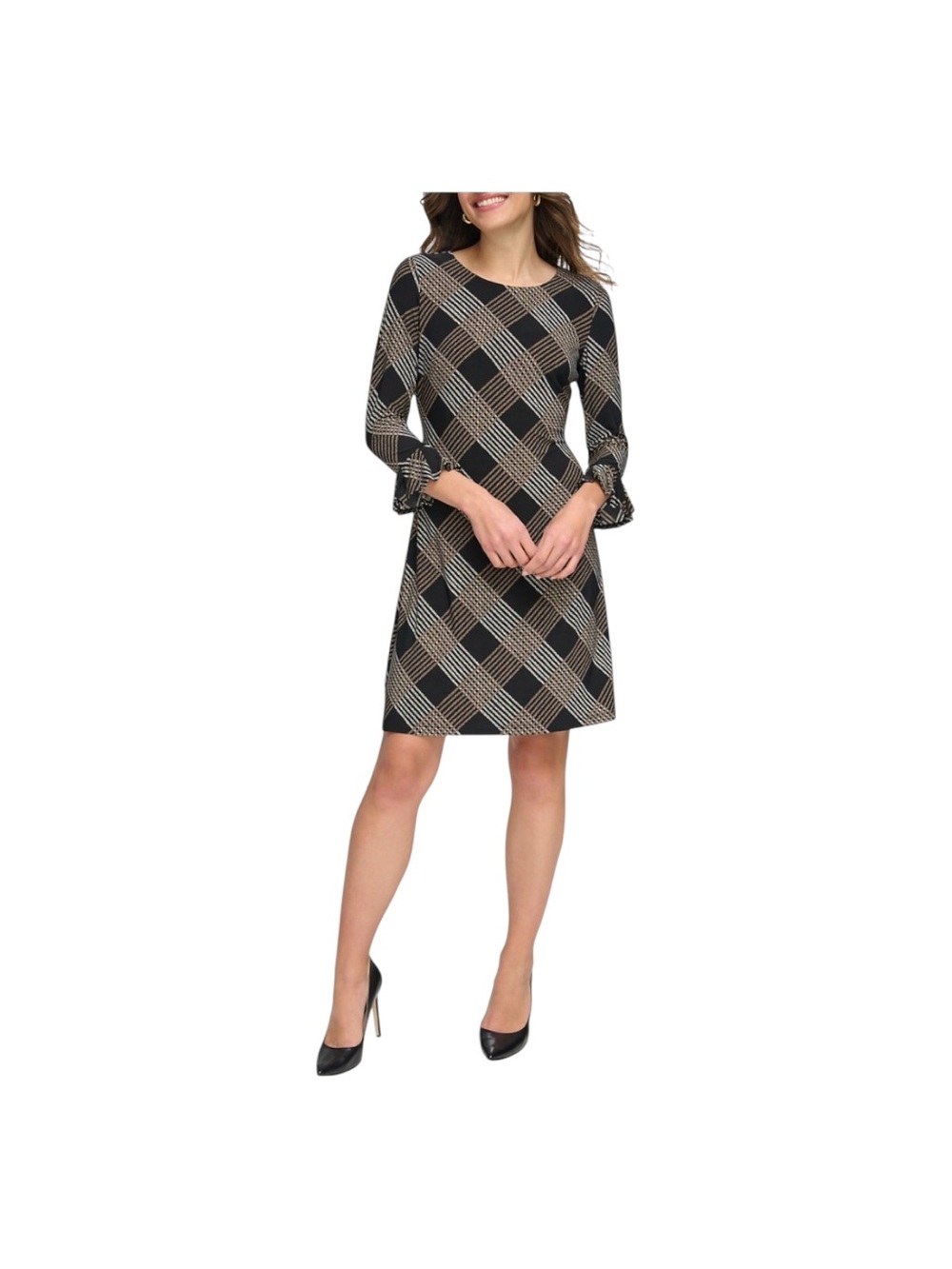 Tommy Hilfiger. Plaid Brown Black Midi Dress Long Sleeves With Pleated Cuffs 14